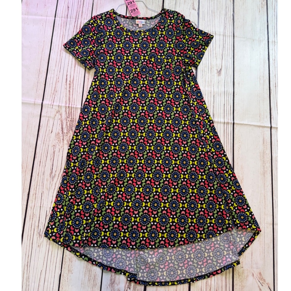 LuLaRoe Carly Dress Womens XS Black Geometric Floral High Low Short Sleeve Swing